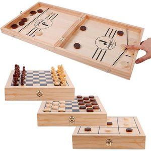 4-in-1 Wooden Fast Sling Puck Set for Kids and Adults, Chess, Checkers, Tic Tac